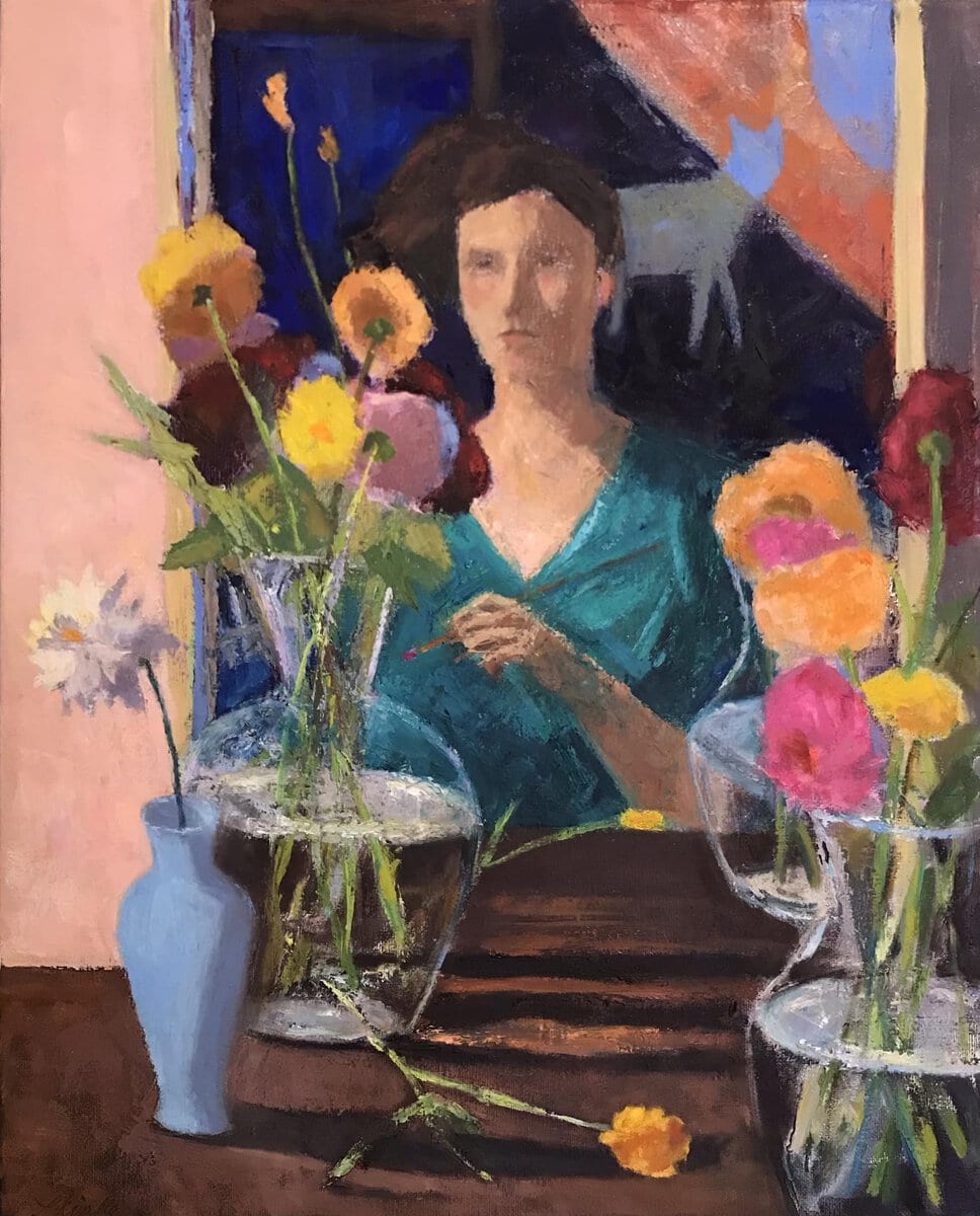 Self Portrait Behind Flowers