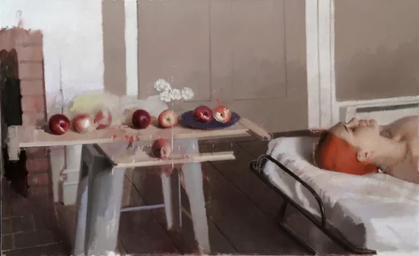 David Baird, Figure with Nectarines, Oil on Linen on Panel, 30in x 48in