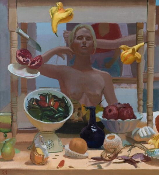 Scott Noel, Still Life with Flying Squash, Oil on Linen, 48in x 44in